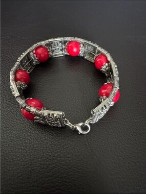 Silver-Tone Bracelet with Red Beads